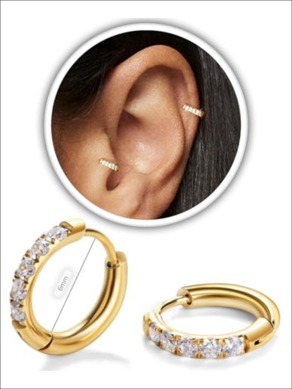 CZ Huggie Hoop Earrings Stainless Steel Small Hoop 6mm